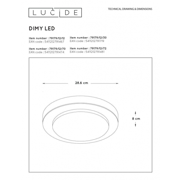 Потолочный светодиодный светильник Lucide Dimy 79179/12/30