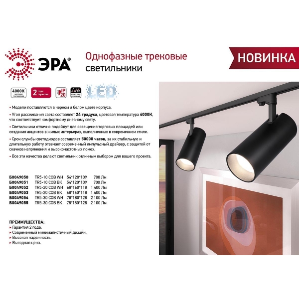 Трековый светодиодный светильник ЭРА TR5-30 COB BK Б0049055