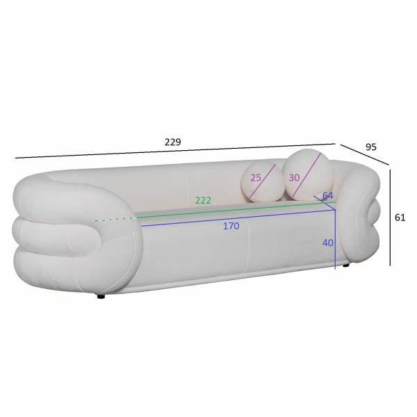 ZW-22024 Диван трехместный иск.мех белый 229*95*61см