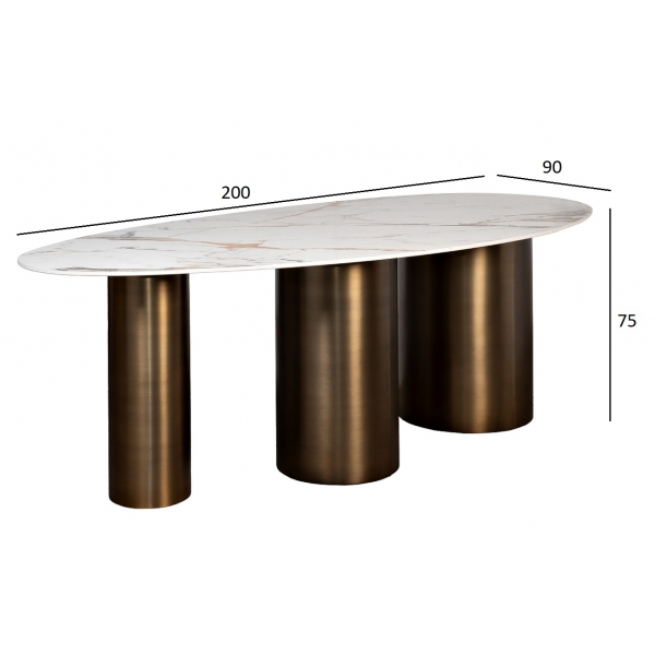 76AR-77200 Стол обеденный овальный керамогранит белый 200*90*75см