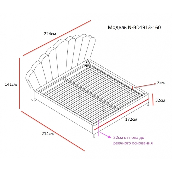 N-BD1913-160 GR Кровать велюр серо-голубой 214*224*141см