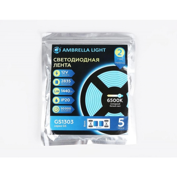 Светодиодная лента Ambrella Light 14,4W/m 180LED/m 2835SMD холодный белый 5M GS1303