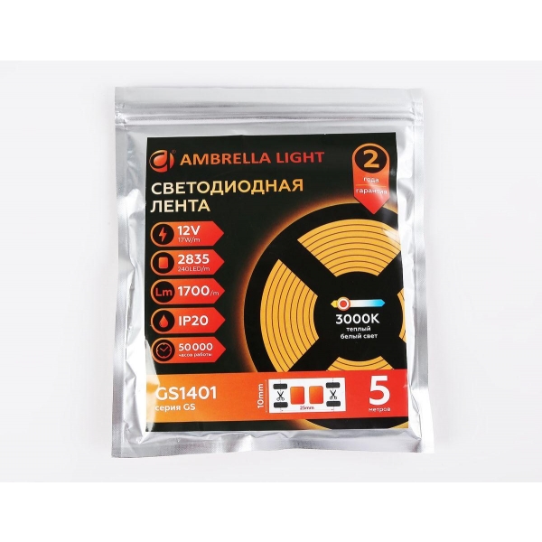 Светодиодная лента Ambrella Light 17W/m 240LED/m 2835SMD теплый белый 5M GS1401