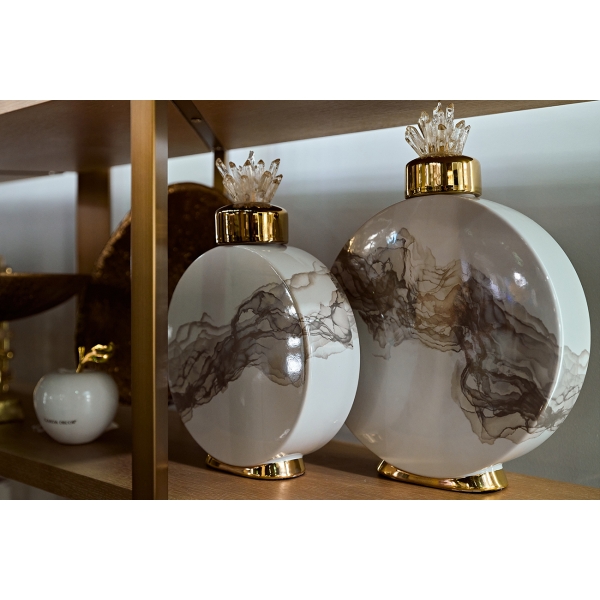 55RD4283S Ваза с крышкой керам. белая с серым декором 23*8*33см