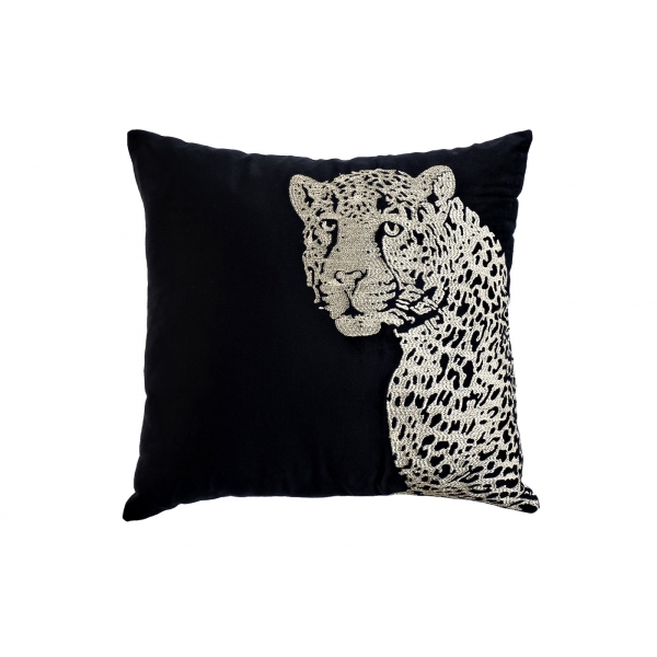70SW-19589 Подушка с вышивкой "Леопард" черная 45*45см