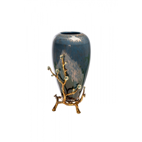 55RV5476S Ваза синяя с золотыми веточками d15*32см