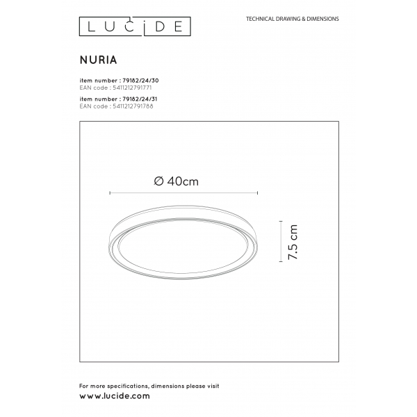 Потолочный светодиодный светильник Lucide Nuria 79182/24/30