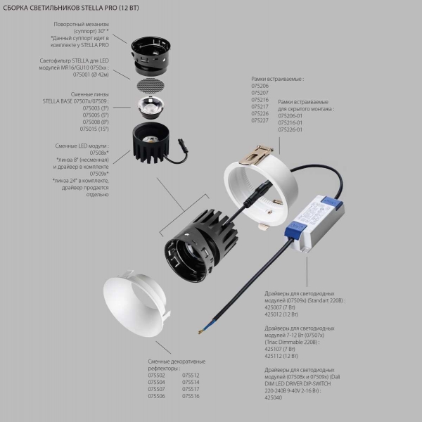 Модуль профессиональный светодиодный диммируемый 7W/12W 24° 3000K в сборе с суппортом с углом наклона до 30° Lightstar Stella Pro 075093