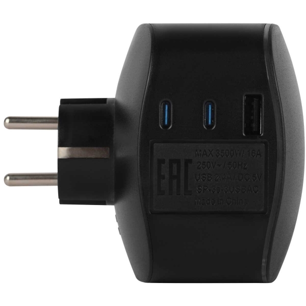 Разветвитель электрический ЭРА SP-3e-3USBAC-B на 3 розетки + 3 USB A+C с заземлением со шторками 16А черный Б0069082