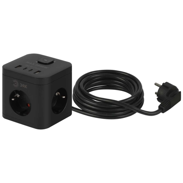 Удлинитель электрический ЭРА CUBE-3es-1,5m-4USB-B куб с заземлением с выключателем 3 розетки+4xUSBA+C 1,5м 16А черный Б0069074